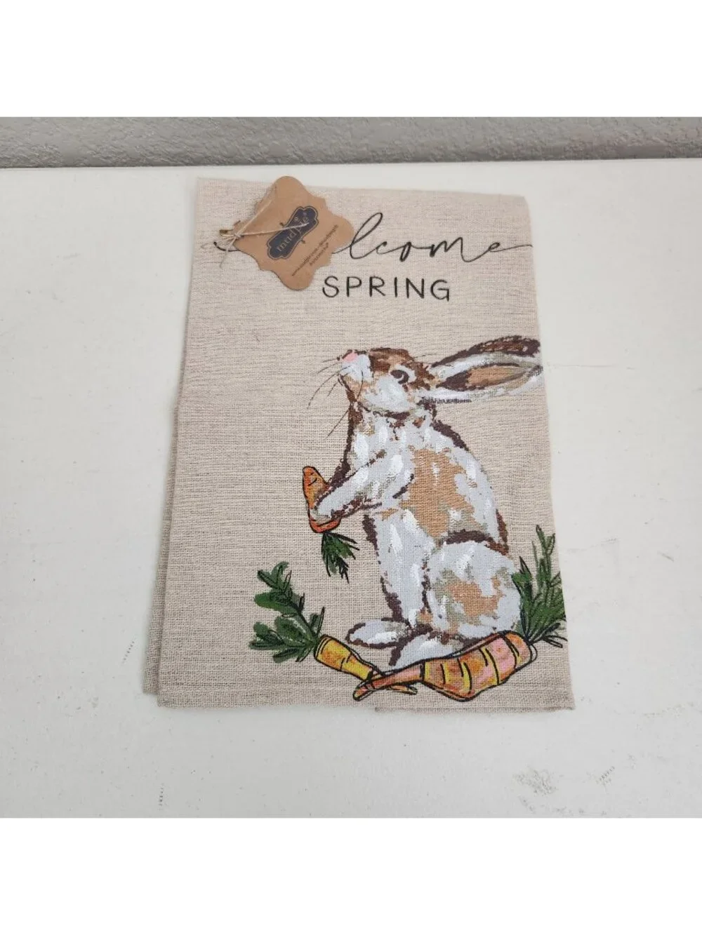 Welcome Spring Bunny Flour Sack Towel With Carrot Design By Mud Pie